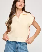 RT-4105-6 CONTRAST STITCH KNIT POLO-CREAM