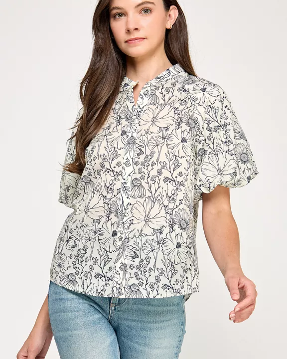 RT-4191-6 PUFF SLEEVE BUTTON UP SHIRT-OFF WHITE NAVY