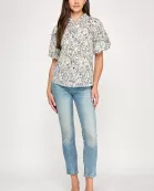 RT-4191-6 PUFF SLEEVE BUTTON UP SHIRT-OFF WHITE NAVY