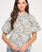 RT-4191-6 PUFF SLEEVE BUTTON UP SHIRT-OFF WHITE NAVY
