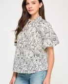 RT-4191-6 PUFF SLEEVE BUTTON UP SHIRT-OFF WHITE NAVY