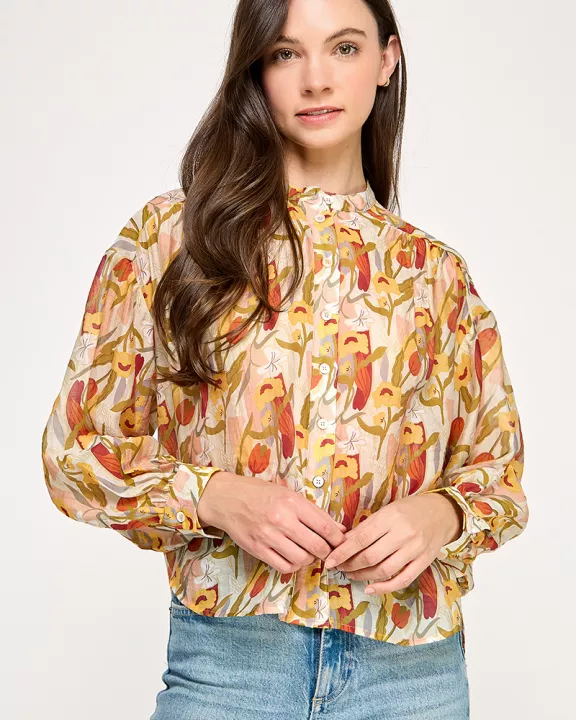 RT-4193-6 BUTTON UP FLORAL BLOUSE-HONEY MULTI
