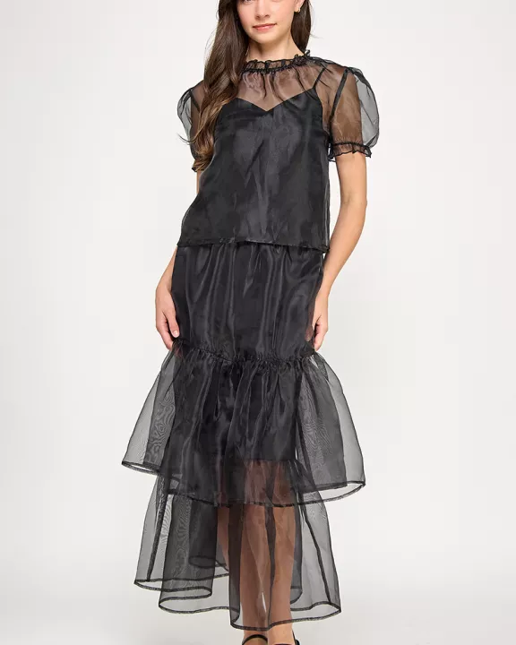 KS-1760-6 TWO TIERED ORGANZA SKIRT-BLACK