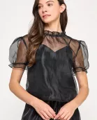 KT-1747-6 ORGANZA PUFF SLEEVE TOP-BLACK