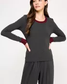 TT-10336-6 LONG SLEEVE TOP WITH CONTRAST COLLAR-CHARCOAL CHERRY
