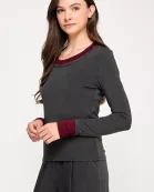 TT-10336-6 LONG SLEEVE TOP WITH CONTRAST COLLAR-CHARCOAL CHERRY