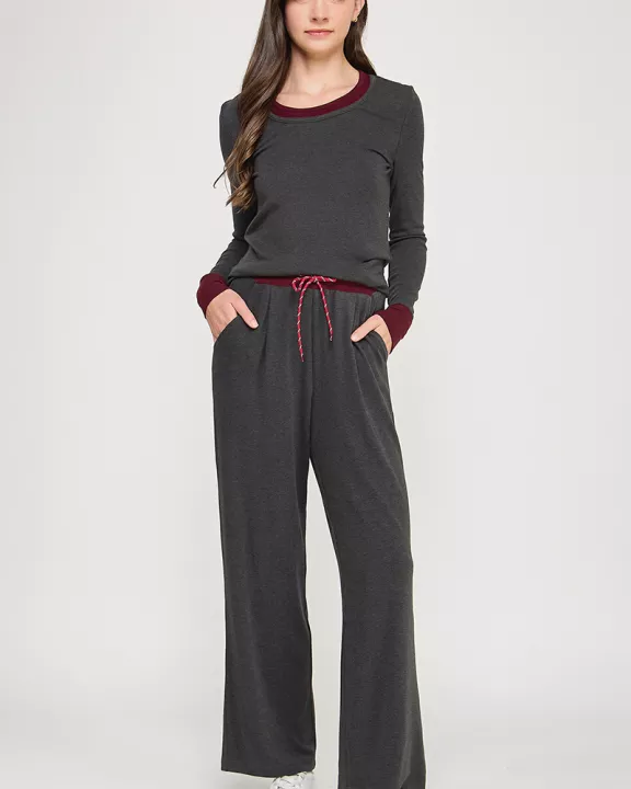 TP-10338-6 CONTRAST WAISTBAND PANTS-CHARCOAL CHERRY