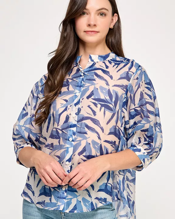 TT-10565-6 MANDARIN COLLAR LOOSE FIT BLOUSE-BLUE MULTI