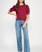 TT-10427-6 SHORT PUFF SLEEVE SWEATER-BURGUNDY