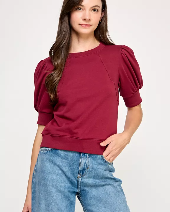 TT-10427-6 SHORT PUFF SLEEVE SWEATER-BURGUNDY