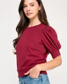 TT-10427-6 SHORT PUFF SLEEVE SWEATER-BURGUNDY