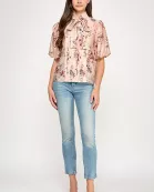 TT-10506-6 ELBOW SLEEVE TIE NECK BLOUSE-PINK MULTI