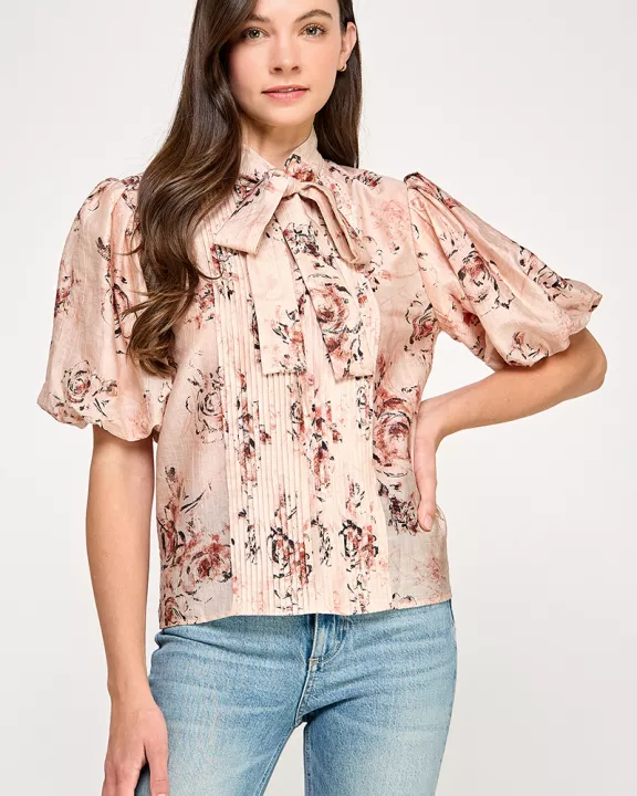 TT-10506-6 ELBOW SLEEVE TIE NECK BLOUSE-PINK MULTI