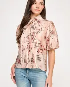 TT-10506-6 ELBOW SLEEVE TIE NECK BLOUSE-PINK MULTI