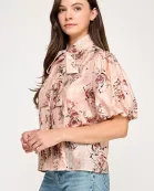 TT-10506-6 ELBOW SLEEVE TIE NECK BLOUSE-PINK MULTI
