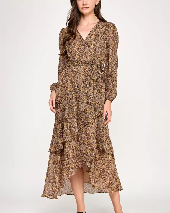 TD-10517-6 WRAP HIGHLOW PAISLEY DRESS-MOCHA MULTI