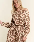 PLUS SIZE LEOPARD PRINT TERRY OFF SHOULDER JUMPSUIT