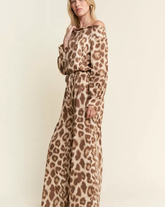 LEOPARD PRINT TERRY OFF SHOULDER JUMPSUIT