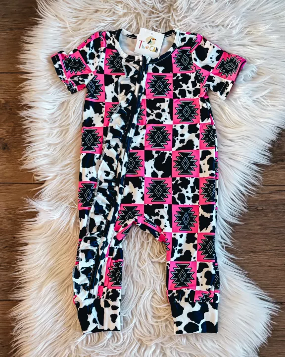 Southwest Cowprint Zip Up Romper by TwoCan