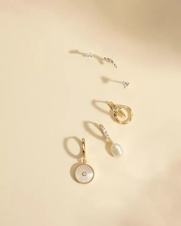 Mini Huggie Hoops With Mop & CZ Drop Earrings