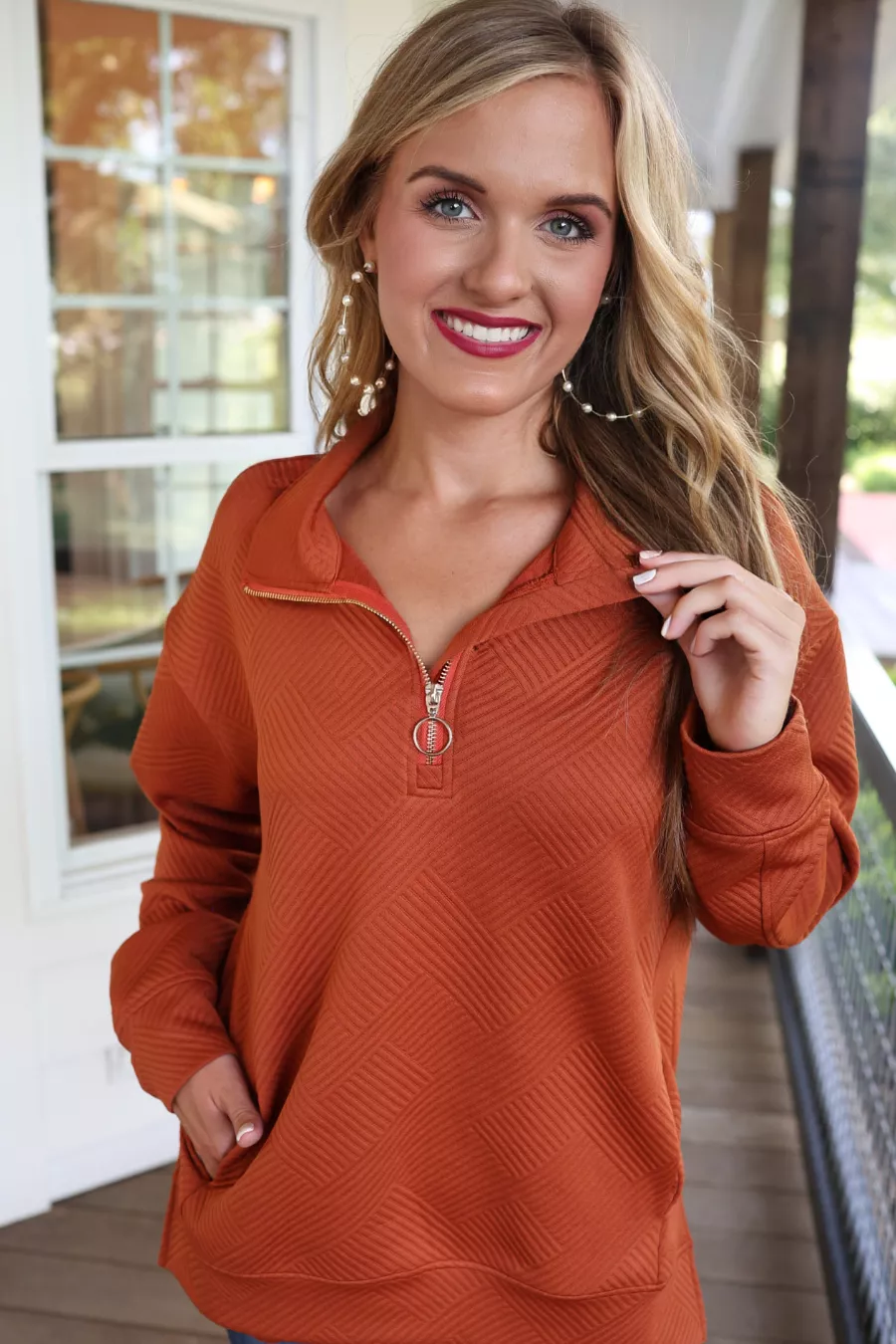 Tanner Textured Quarter Zip, Rust