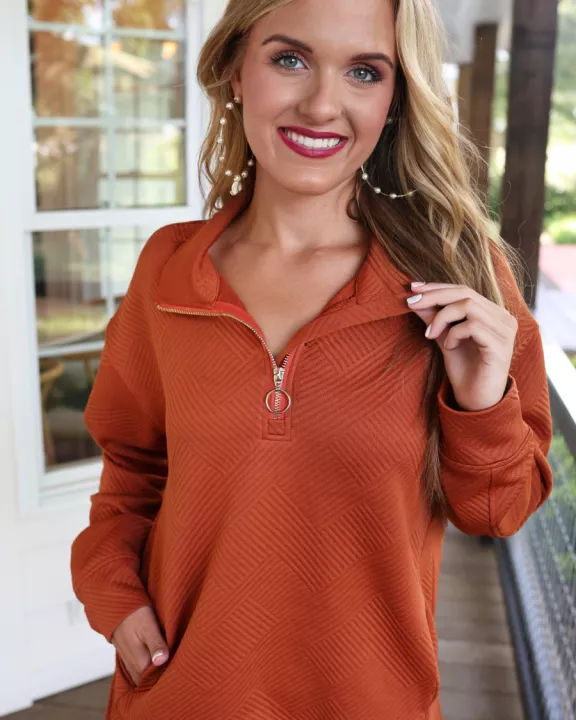 Tanner Textured Quarter Zip, Rust