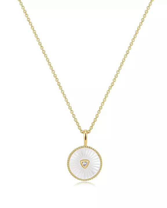Round Mother Of Pearl Pendant With CZ Center Stone Necklace