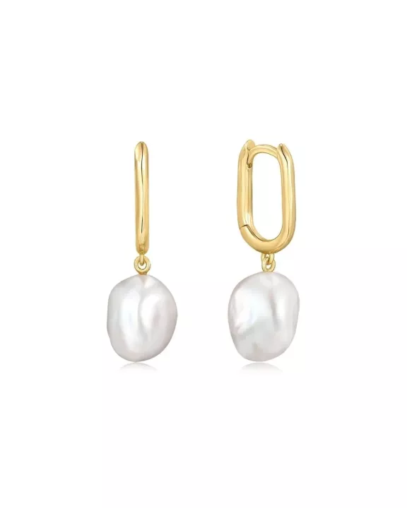 Oval Huggie Hoops With Pearl Drop Earrings