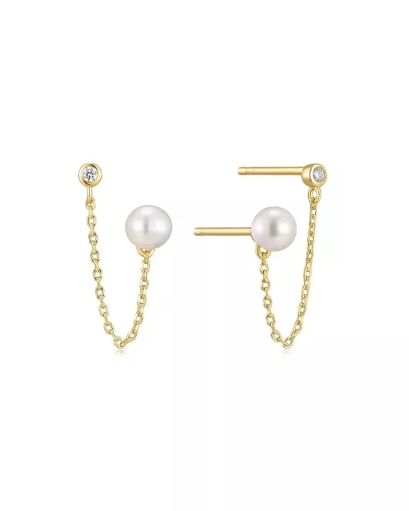 Double CZ & Pearl Chain Link Earrings