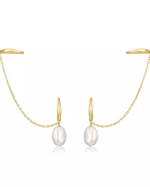 14K Earcuff & Pearl Drop Huggie Hoop Earrings