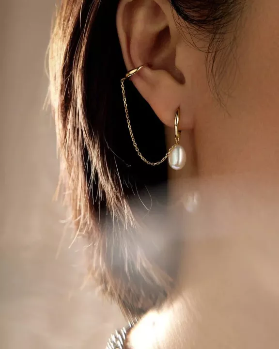 14K Earcuff & Pearl Drop Huggie Hoop Earrings