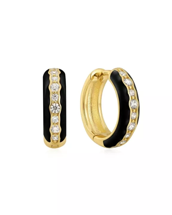 Black Enamel & CZ Channel Huggie Hoop Earrings