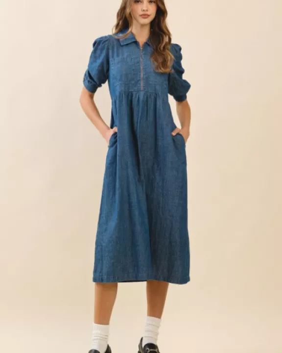 CD05284-Front Zip Up Puff Sleeves A Line Denim Midi Dress