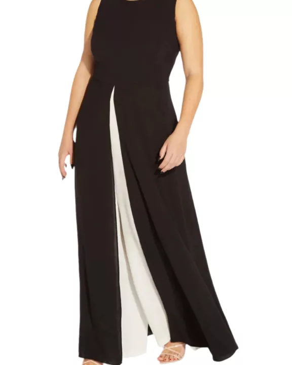 Adrianna Papell Crew Neck Sleeveless Jumpsuit With Skirt Overlay (Plus Size)