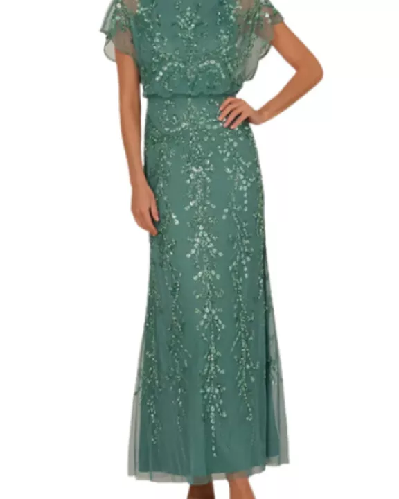 Adrianna Papell Beaded Mesh Boat Neck Flutter Sleeves Back Zipper Closure Blouson Silhouette Dress