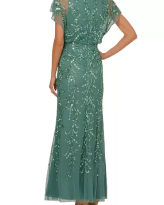 Adrianna Papell Beaded Mesh Boat Neck Flutter Sleeves Back Zipper Closure Blouson Silhouette Dress