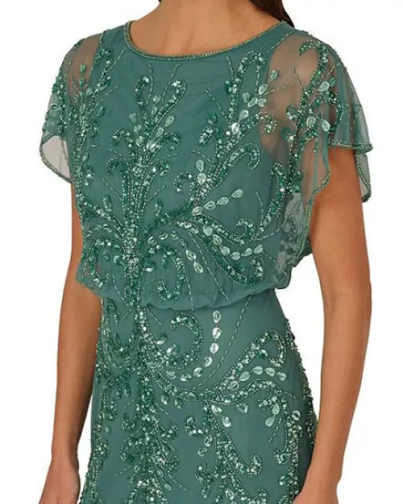 Adrianna Papell Beaded Mesh Boat Neck Flutter Sleeves Back Zipper Closure Blouson Silhouette Dress