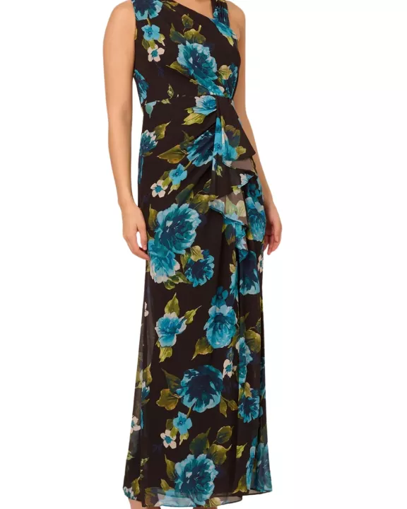 Adrianna Papell Floral Print Chiffon Asymmetrical Neck Sleeveless Front Twist Ruffle Column Dress
