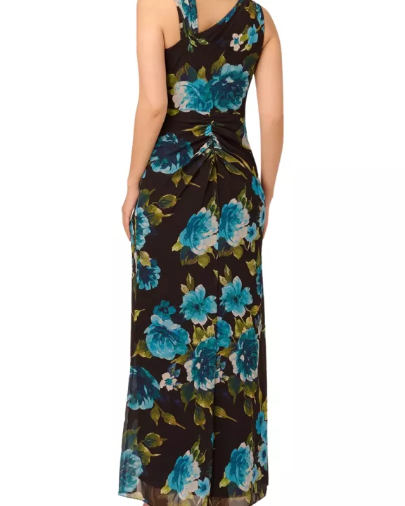 Adrianna Papell Floral Print Chiffon Asymmetrical Neck Sleeveless Front Twist Ruffle Column Dress
