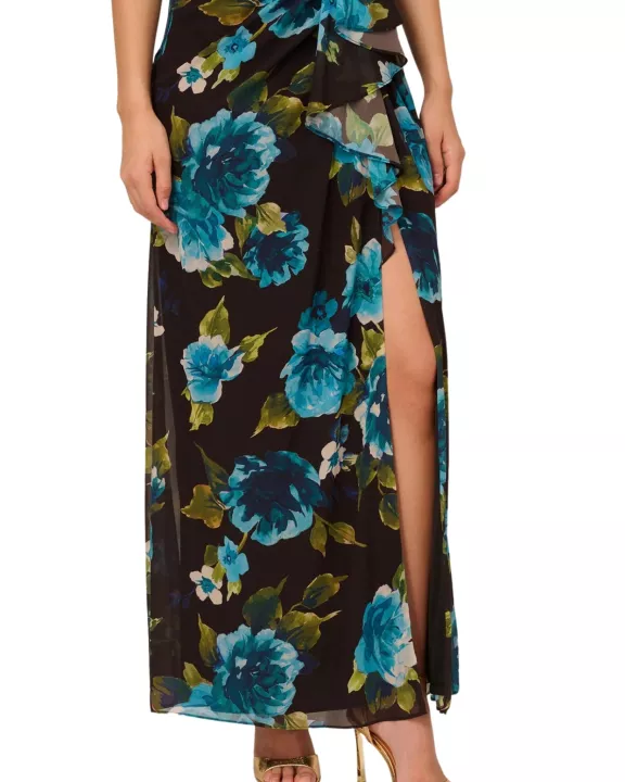 Adrianna Papell Floral Print Chiffon Asymmetrical Neck Sleeveless Front Twist Ruffle Column Dress