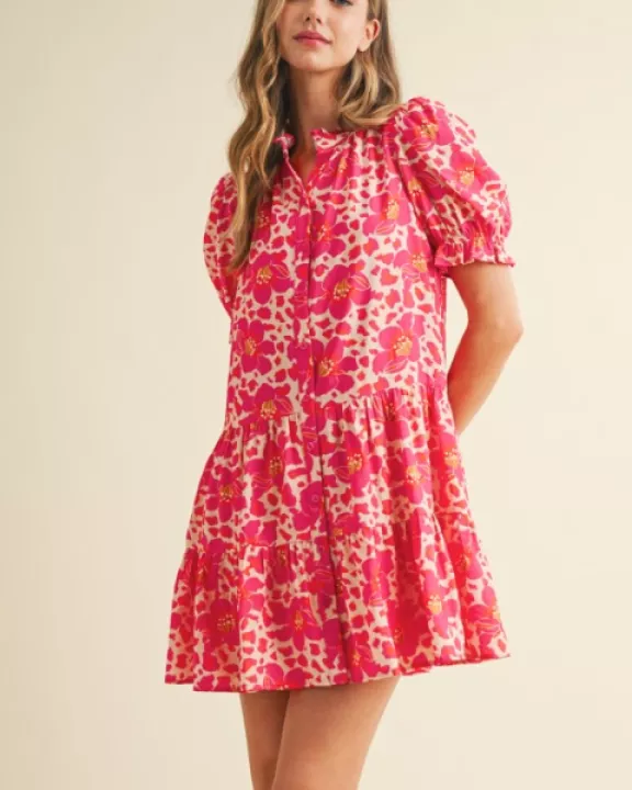 CD05908-Floral Print Button Down Front Mini Dress