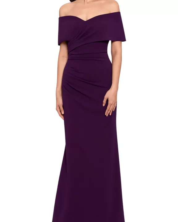 Betsy and Adam Tanya Off-The-Shoulder Ruching Cuff Wrap Long Dress