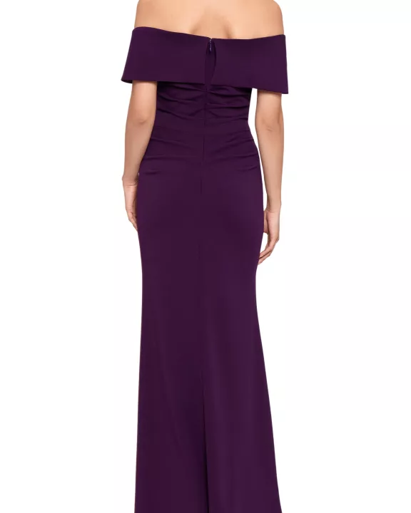 Betsy and Adam Tanya Off-The-Shoulder Ruching Cuff Wrap Long Dress