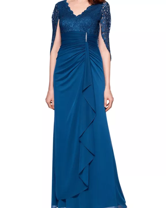 Betsy and Adam Carmyn V-Neckline Three-Quarter Lace Side Ruche Long Gown Dress