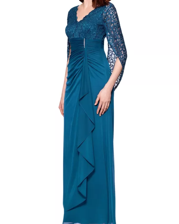 Betsy and Adam Carmyn V-Neckline Three-Quarter Lace Side Ruche Long Gown Dress