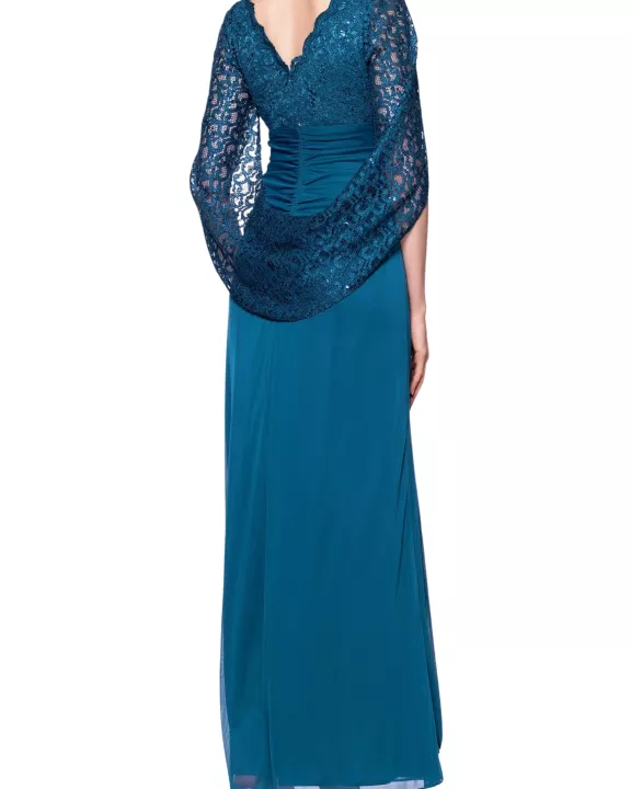 Betsy and Adam Carmyn V-Neckline Three-Quarter Lace Side Ruche Long Gown Dress