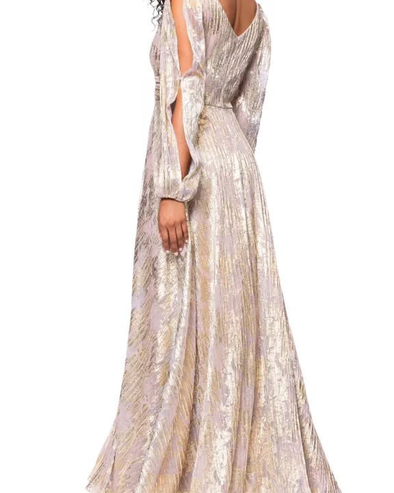 Betsy and Adam Marla Deep V-Neckline Long Billowy Cutout Sleeves Back Zipper Wrap-Style Bodice Dress