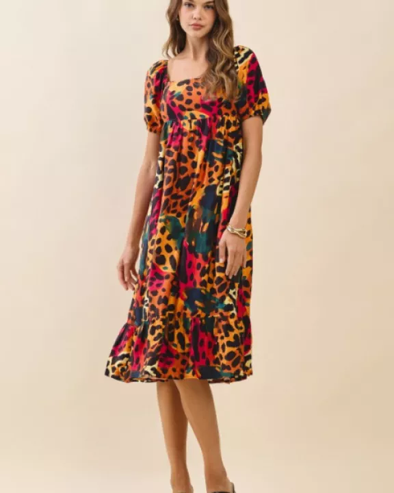 CD05984-Animal Print Square Neckline Smocked Back Dress