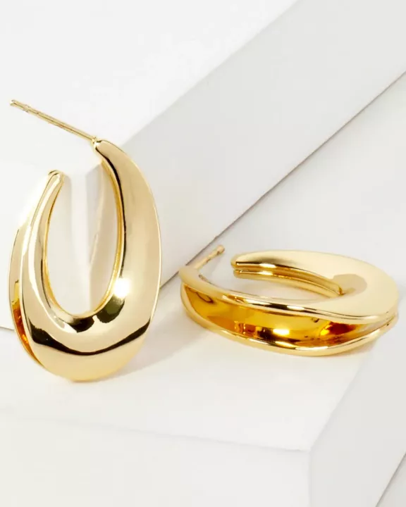 28mm Polished 14K-Gold-Dipped Brass Teardrop Push-Back Hoop Earrings
