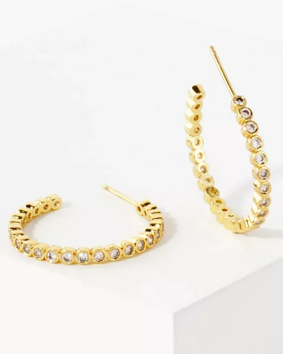 Bezel-Set CZ 20mm 14K-Gold-Dipped Brass Push-Back Small Hoop Earrings